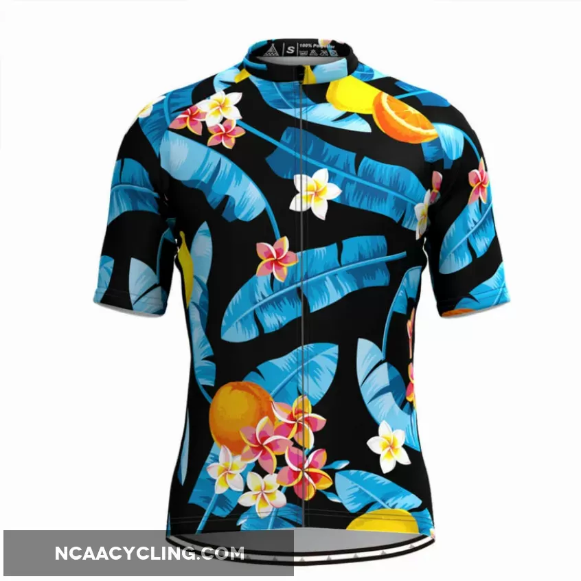 Men's Tropical & Floral Print Hawaiian Cycling Jersey Blue Black