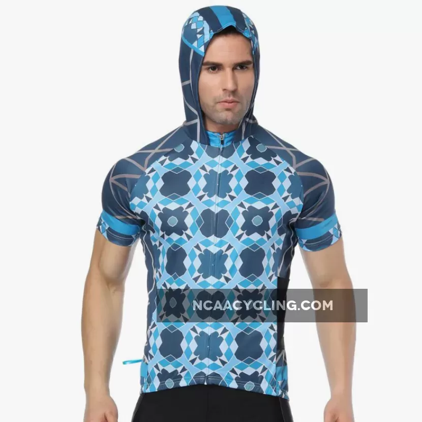 Blue Phantoscope Outdoor Running Cycling Fitness Extreme Sports Mens T-shirts Hooded Short-sleeve Jacket Clothing and Riding Gear with Cap Quick dry Breathable NO.819
