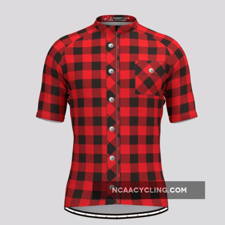 Plaid Checkered Shirt V1 Men's Cycling Jersey Red For Sale