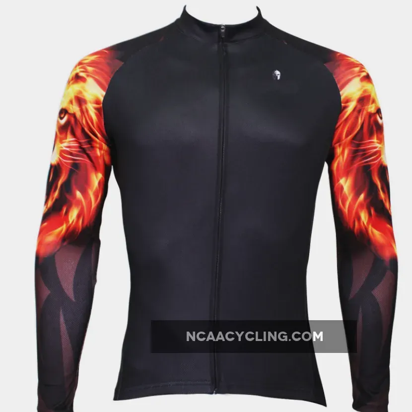 Fire Golden Roar Lion Cool Arm Print Men's Cycling Long-sleeve Black Jerseys NO.370