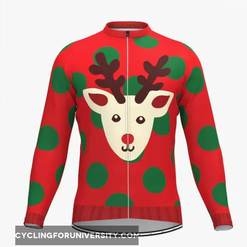 Ugly Christmas Sweater Elk Green Dots LS Cycling Jersey Red
