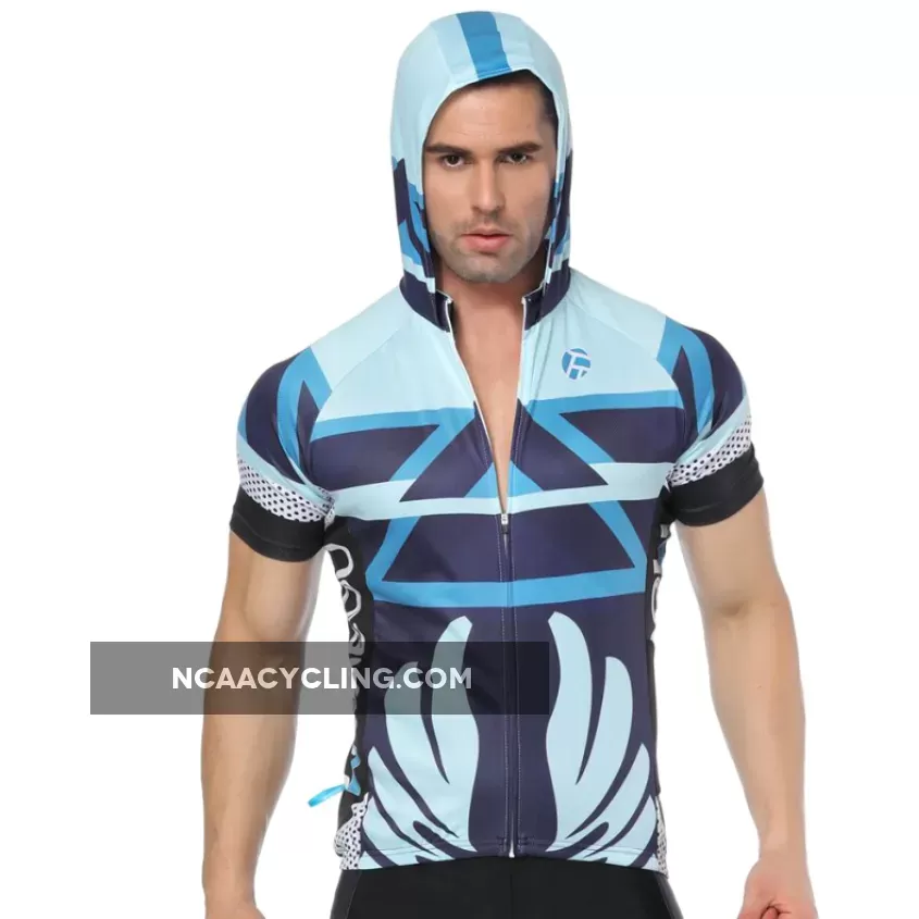 Geometry Blue Outdoor Running Cycling Fitness Extreme Sports Mens T-shirts Hooded Short-sleeve Jacket Clothing and Riding Gear with Cap Quick dry Breathable NO.820