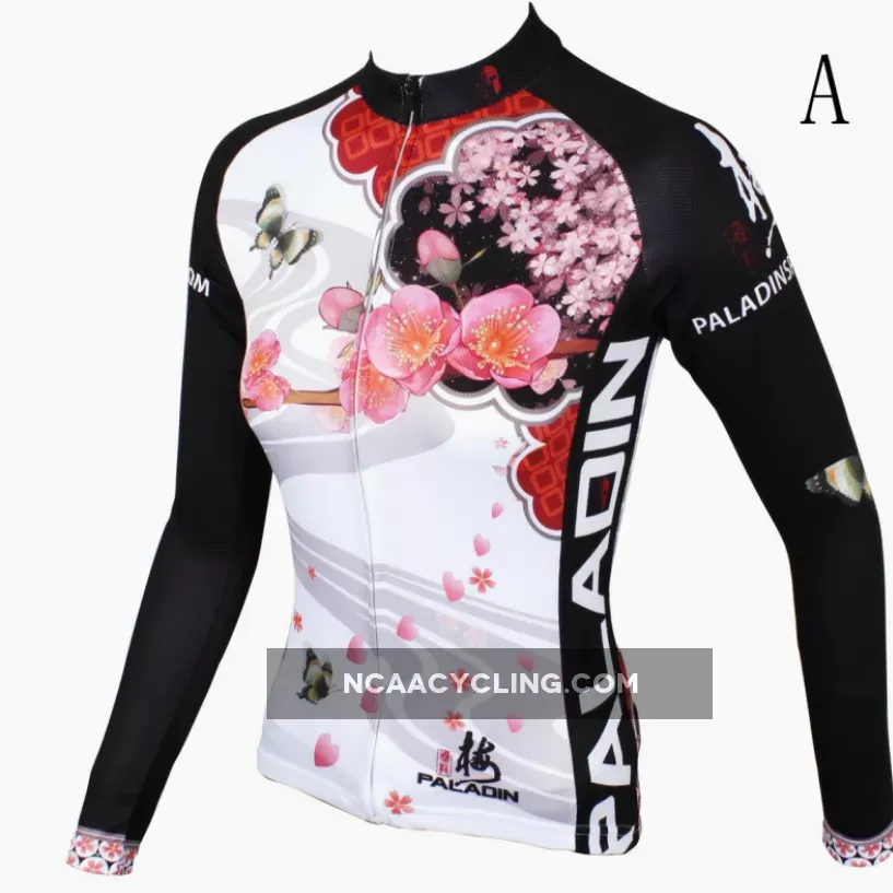 Ilpaladino Peach Blossom Butterfly With Flying Petal Women Cycling Jerseys Long-sleeve summer Spring Sportswear Gear Pro Cycle Clothing Racing Apparel Outdoor Sports Leisure Biking Shirt NO.542