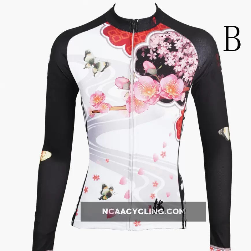 Ilpaladino Peach Blossom Butterfly With Flying Petal Women Cycling Jerseys Long-sleeve summer Spring Sportswear Gear Pro Cycle Clothing Racing Apparel Outdoor Sports Leisure Biking Shirt NO.542