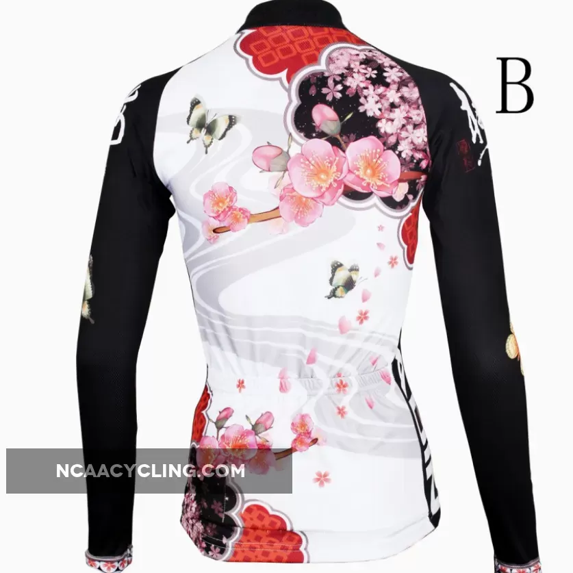 Ilpaladino Peach Blossom Butterfly With Flying Petal Women Cycling Jerseys Long-sleeve summer Spring Sportswear Gear Pro Cycle Clothing Racing Apparel Outdoor Sports Leisure Biking Shirt NO.542