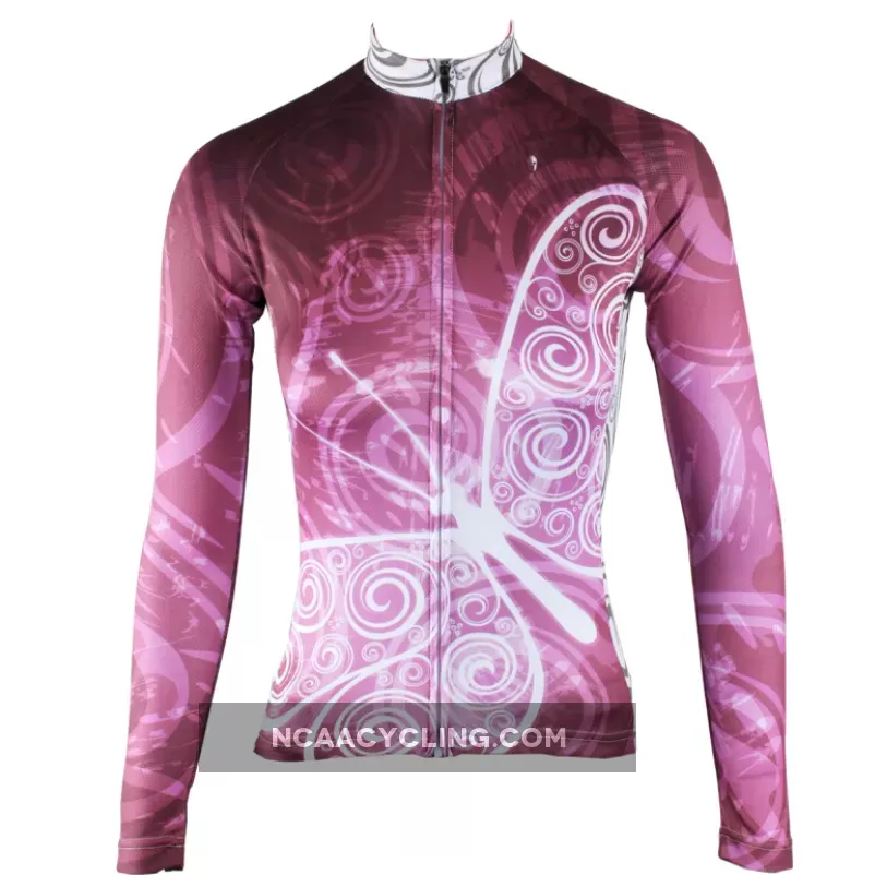 ILPALADINO Purplish Red Butterfly Women's Long Sleeves Jersey Cycling Clothing Spring Autumn Pro Cycle Clothing Racing Apparel Outdoor Sports Leisure Biking shirt NO.317
