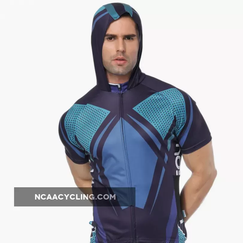Blue Outdoor Running Cycling Fitness Extreme Sports Mens T-shirts Hooded Short-sleeve Jacket Clothing and Riding Gear with Cap Quick dry Breathable NO. 825