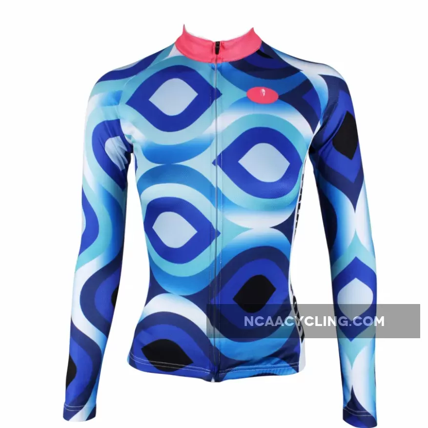 ILPALADINO Women's Long Sleeves Blue Pink-collar Cycling Jersey Apparel Outdoor Sports Gear Leisure Biking T-shirt 182
