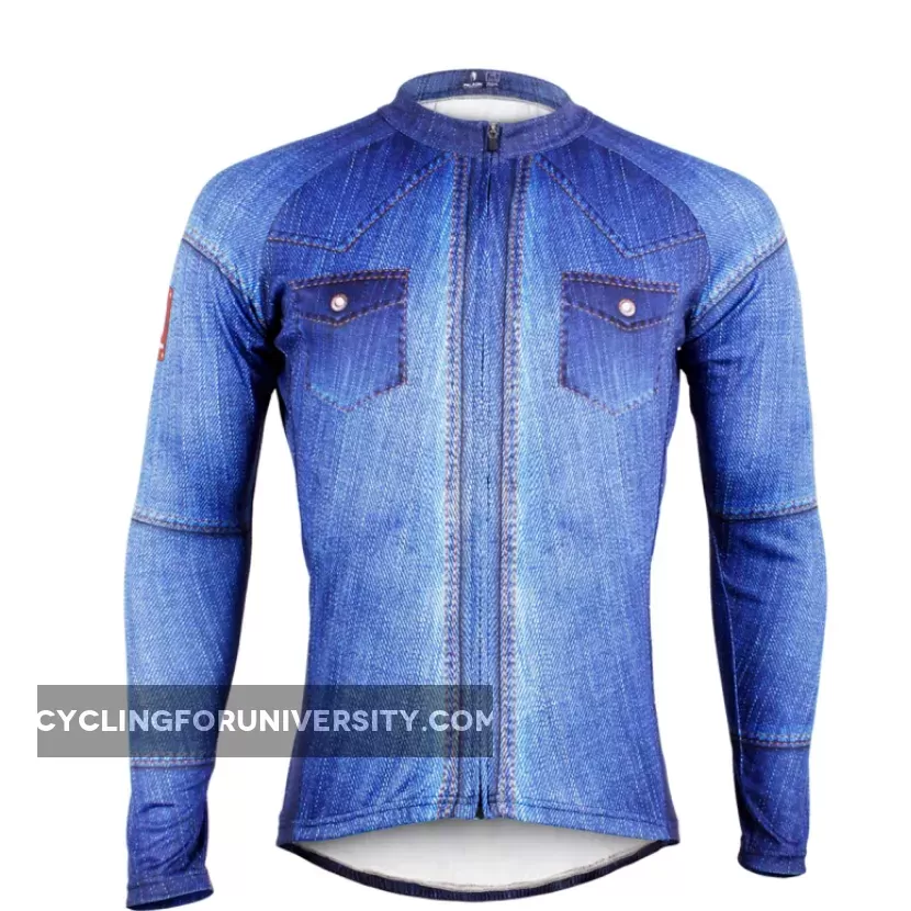 Mens Stylish Denim-blue Hidden-Zipper Long-sleeves Cycling Jersey Outdoor Sport Shirt Leisure Sport Bike Winter Windproof Jacket Bicycle Clothing 607(velvet)