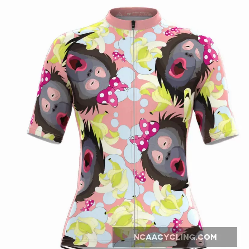 Women's Pink Cartoon Gorilla Fruit Print Cycling Jersey