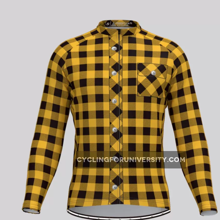 Plaid Checkered Shirt V2 Men's LS Cycling Jersey Yellow