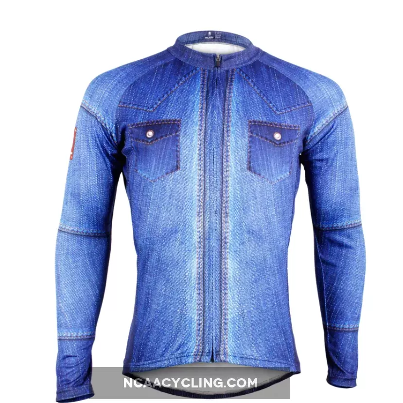 Mens Stylish Denim-blue Hidden-Zipper Long-sleeves Cycling Jersey Outdoor Leisure Sport Bike Spring Fall Autumn Windproof Jacket Bicycle Clothing 607