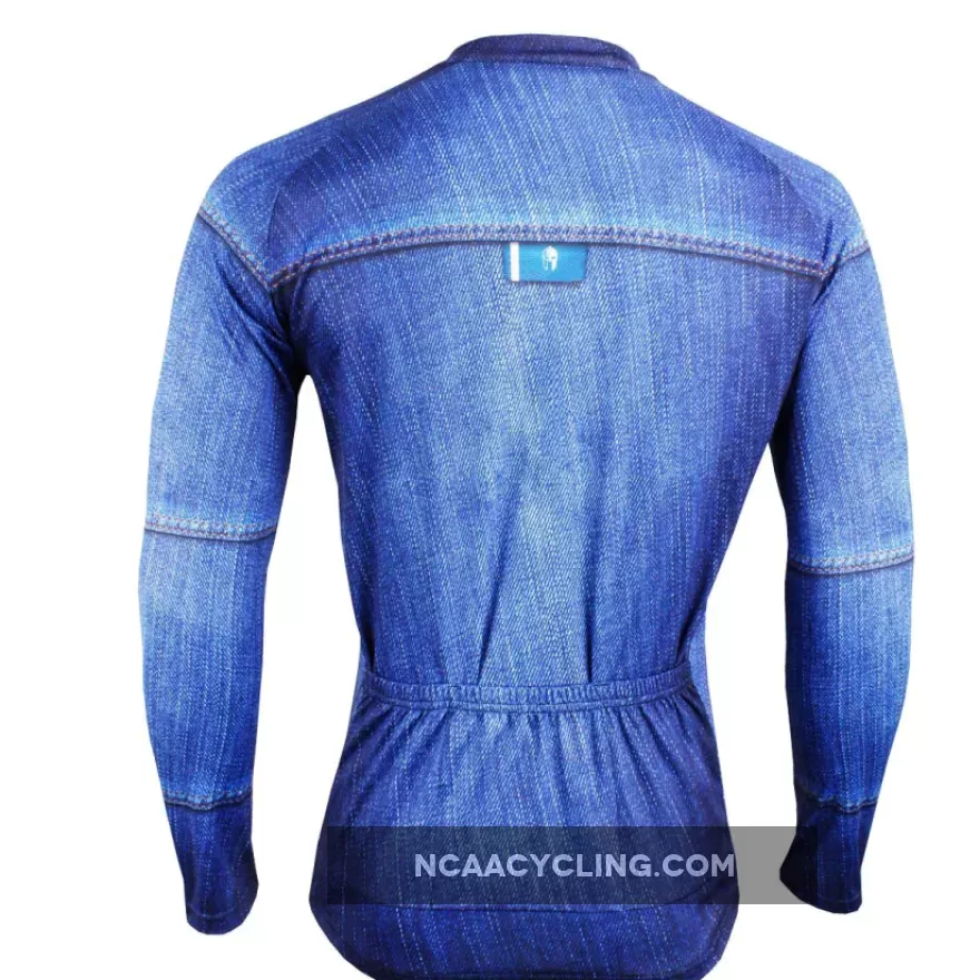 Mens Stylish Denim-blue Hidden-Zipper Long-sleeves Cycling Jersey Outdoor Leisure Sport Bike Spring Fall Autumn Windproof Jacket Bicycle Clothing 607