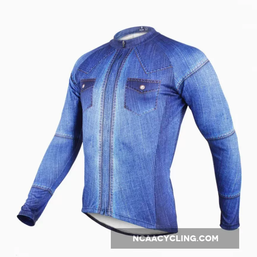 Mens Stylish Denim-blue Hidden-Zipper Long-sleeves Cycling Jersey Outdoor Leisure Sport Bike Spring Fall Autumn Windproof Jacket Bicycle Clothing 607