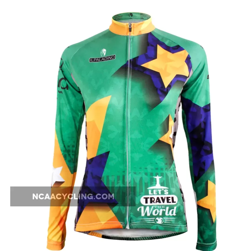 TRAVEL THE WORLD Yellow Golden Star Green Women Cycling Jerseys Short/long-sleeve Summer Spring Sportswear Gear Pro Cycle Clothing Racing Apparel Outdoor Sports Leisure Biking Shirt NO.596