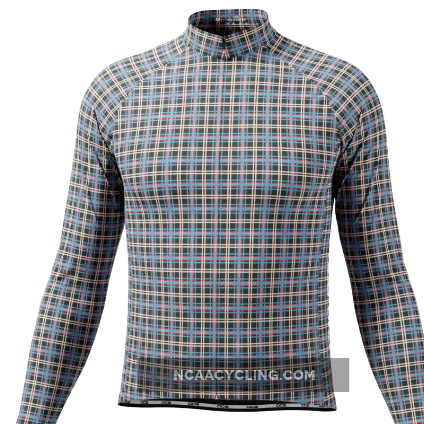 Men's Blue Plaid Checkered Long Sleeve Cycling Jersey