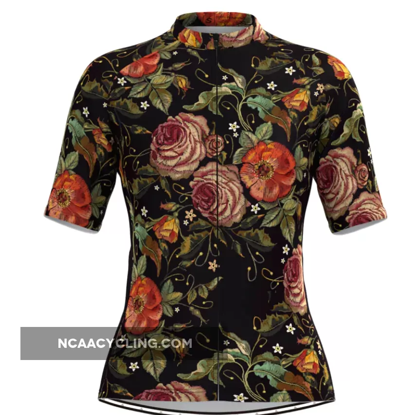 Women's Retro Rose Flower Embroidery Stitches Cycling Jersey V1