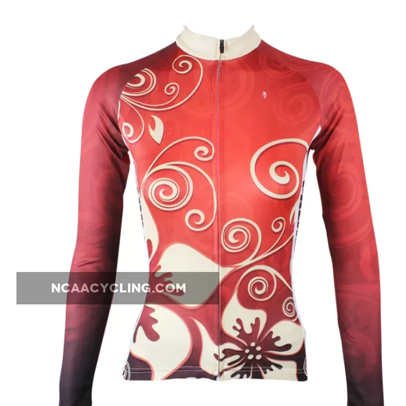 June Special Offer- Gold Flowers Red Woman's Cycling long-sleeve Jersey Spring Summer Sportswear Exercise Bicycling Pro Cycle Clothing Racing Apparel Outdoor Sports Leisure Biking Shirts NO.318