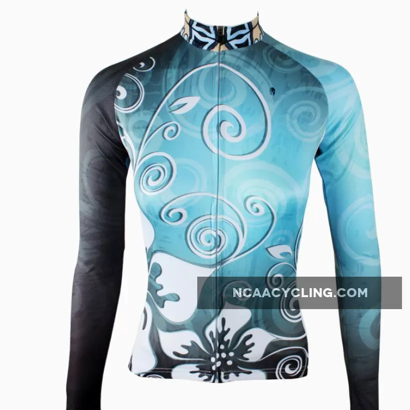Ilpaladino Silver Flowers Blue Elegant Woman's Cycling long-sleeve Jersey/Suit Spring Summer Bicycling Pro Cycle Clothing Racing Apparel Outdoor Sports Leisure Biking T-shirt Sportswear NO.320