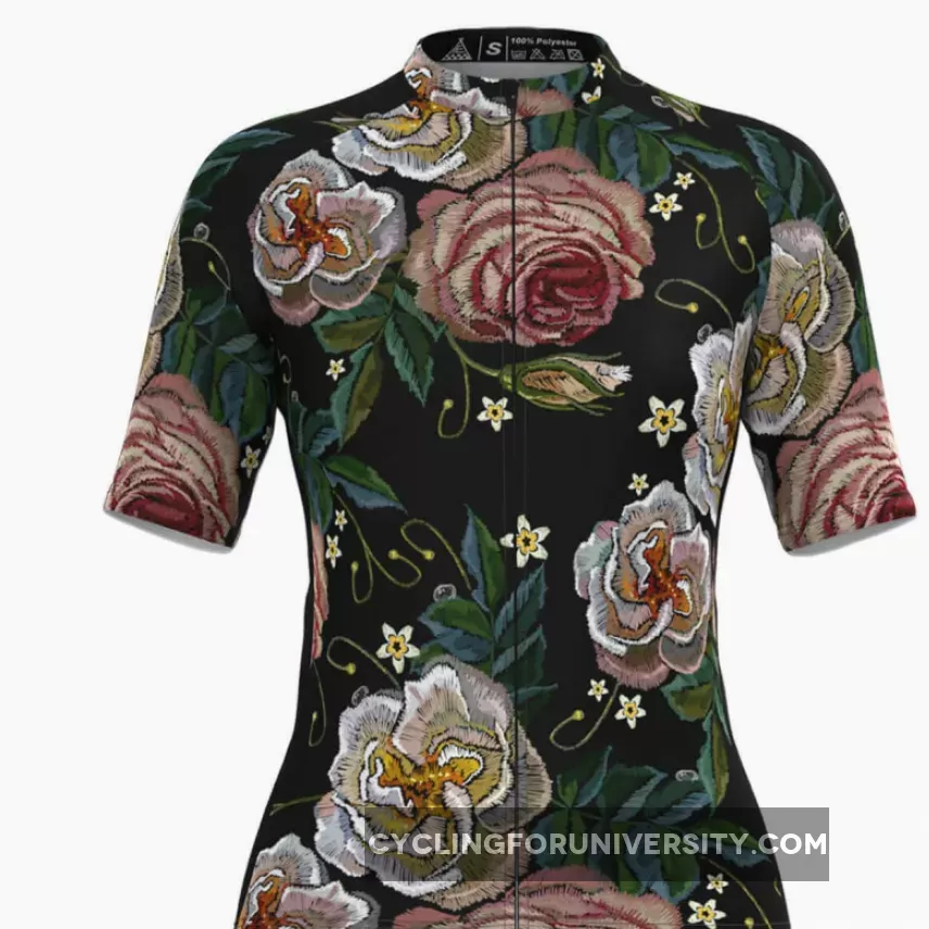 Women's Retro Rose Flower Embroidery Stitches Cycling Jersey V3