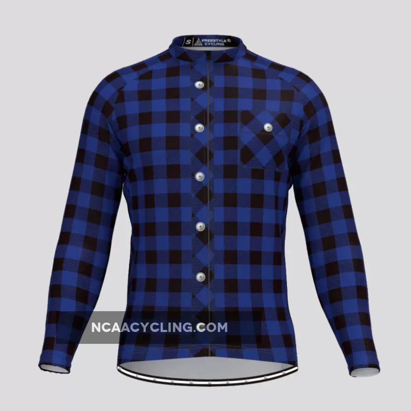 Plaid Checkered Shirt V2 Men's LS Cycling Jersey Blue