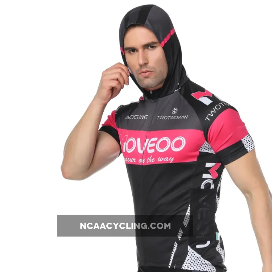 Pink-strip Dotted Black Outdoor Running Cycling Fitness Extreme Sports Mens T-shirts Hooded Short-sleeve Jacket Clothing and Riding Gear with Cap Quick dry Breathable NO. 822