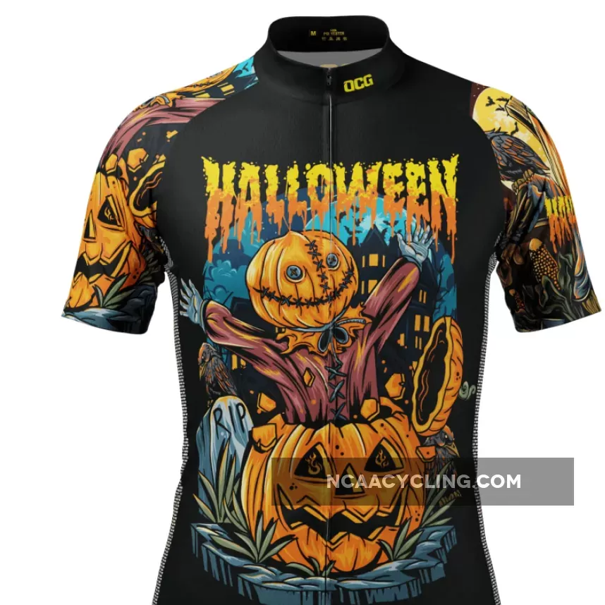 Men's Halloween Scarecrow Pumpkin Head Short Sleeve Cycling Jersey, Pumpkin Head Scarecrow