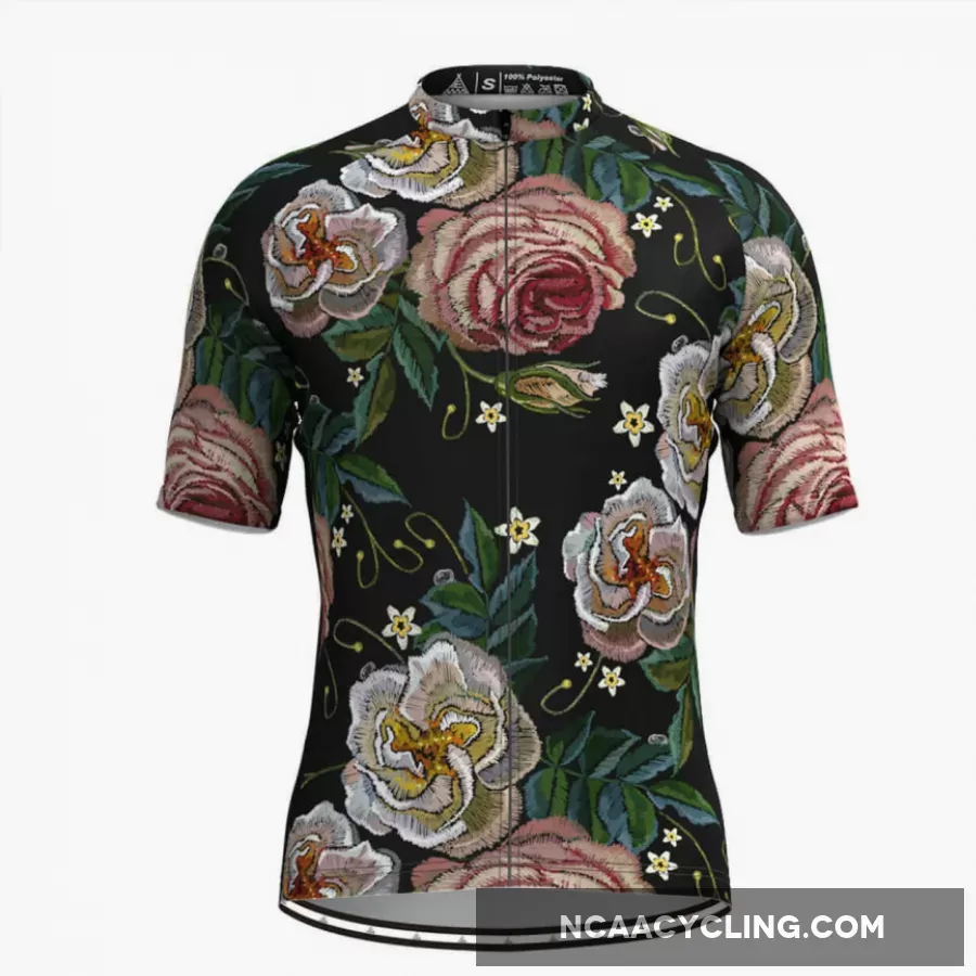 Men's Retro Rose Flower Embroidery Stitches Cycling Jersey V3