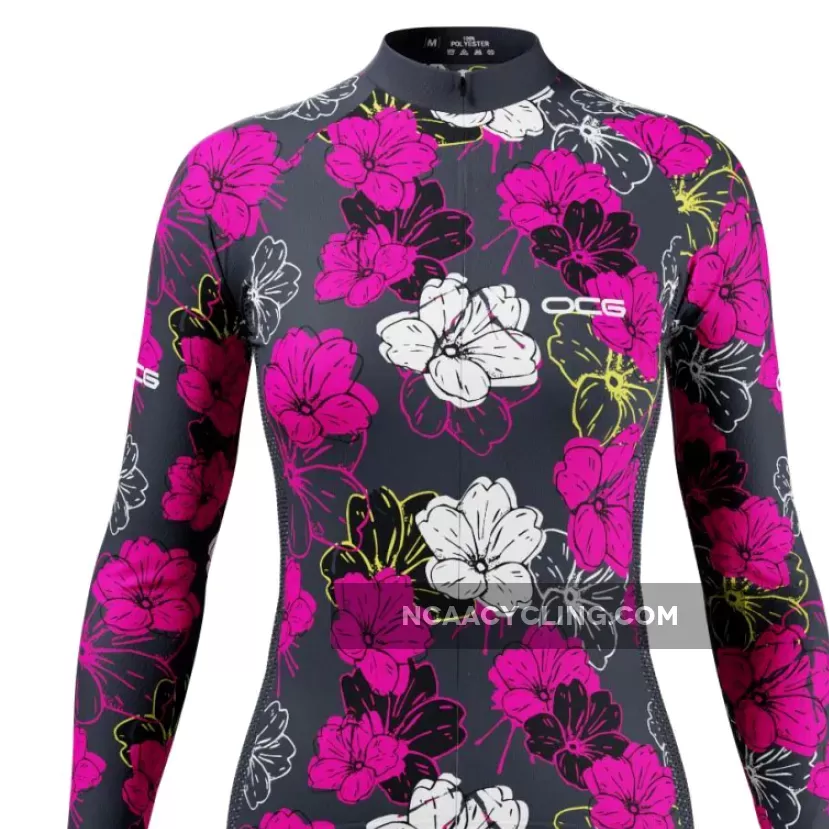 Women's Pink Floral Long Sleeve Cycling Jersey For Sale