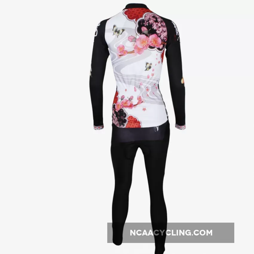 ILPALADINO Women's Long Sleeves Red Flower Cycling Apparel Outdoor Sports Gear Leisure Biking T-shirt Clothing Suits with Tights NO.542