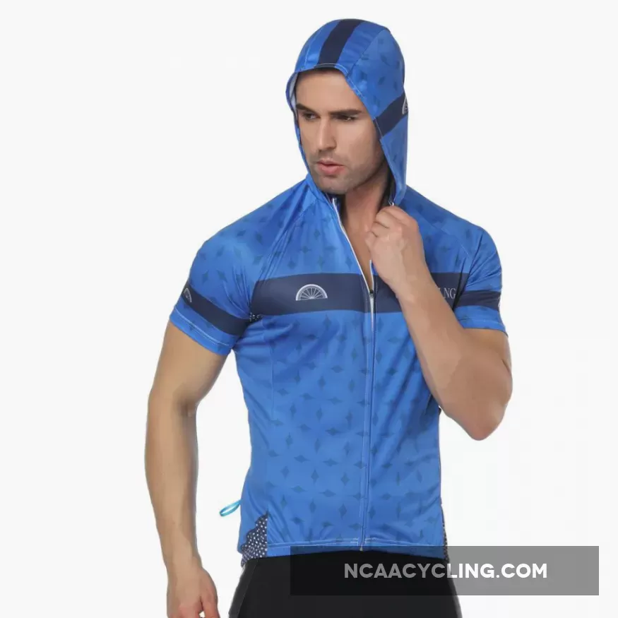 Prism Star Blue Outdoor Running Cycling Fitness Extreme Sports Mens T-shirts Hooded Short-sleeve Jacket Clothing and Riding Gear with Cap Quick dry Breathable NO. 823