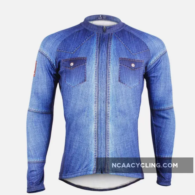 Mens Stylish Denim-blue Hidden-Zipper Long-sleeves Cycling Jersey 607