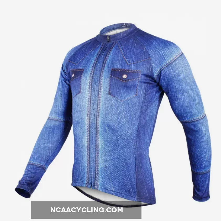 Mens Stylish Denim-blue Hidden-Zipper Long-sleeves Cycling Jersey 607