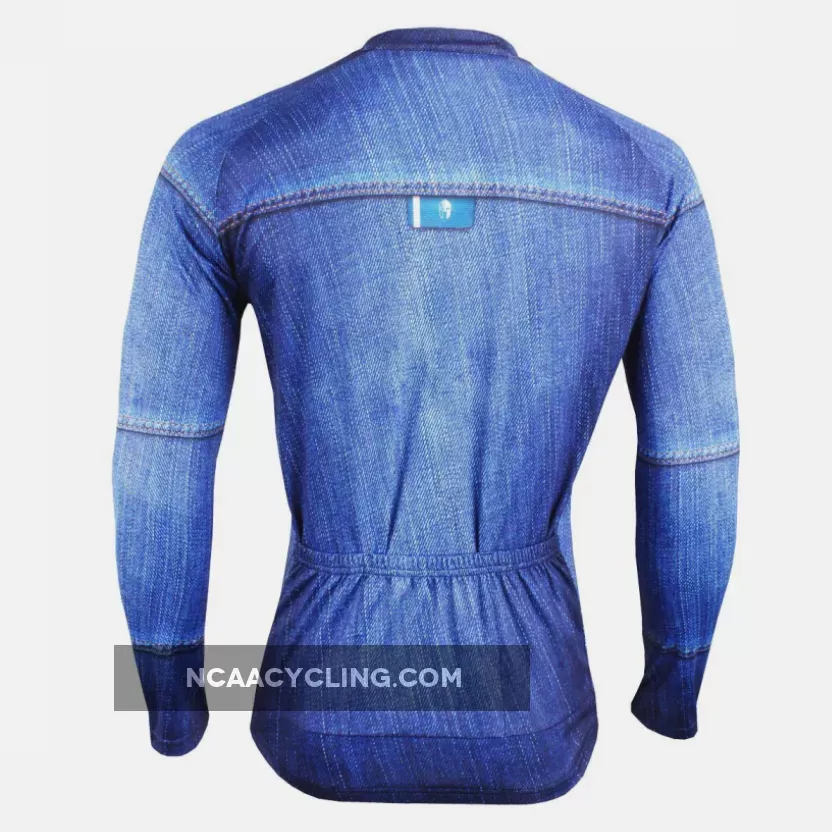 Mens Stylish Denim-blue Hidden-Zipper Long-sleeves Cycling Jersey 607