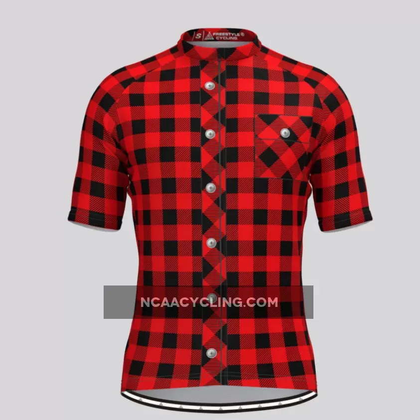 Plaid Checkered Shirt V2 Men's Cycling Jersey Red Outlet
