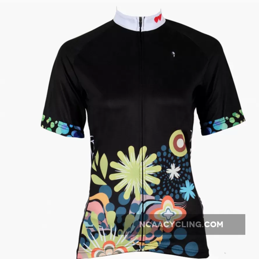 Ilpaladino Chrysanthemum patterned Women's Summer Short-Sleeve Cycling Jersey Biking Shirts Breathable Sport Black Clothes NO.214