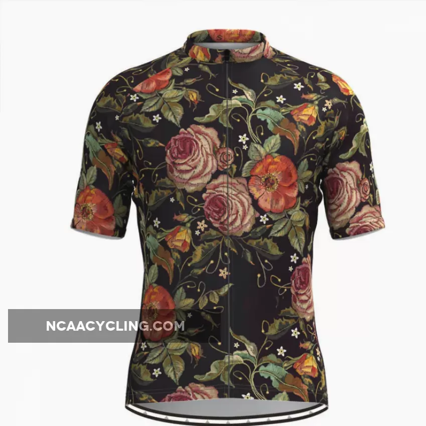 Men's Retro Rose Flower Embroidery Stitches Cycling Jersey V1