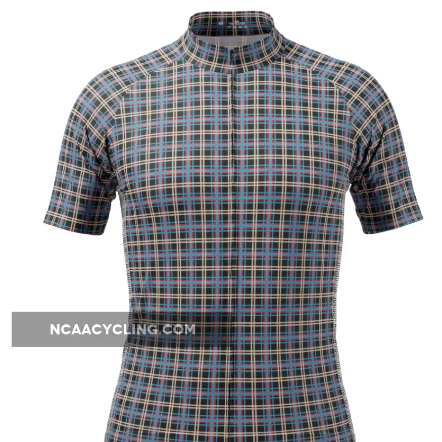Men's Blue Plaid Checkered Short Sleeve Cycling Jersey Plaid Cycling Jersey
