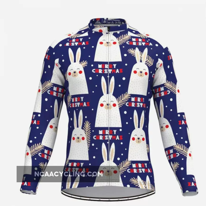 Merry Christmas Cartoon Elk Long Sleeve Cycling Jersey Blue