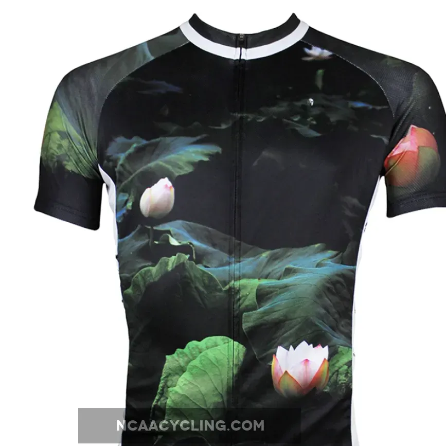ILPALADINO Lotus Pond Nature Men's Cycling Mountain Bike Jersey Summer Lotus Breathable Bike Apparel Outdoor Sports Gear Leisure Biking T-shirt Black NO.147